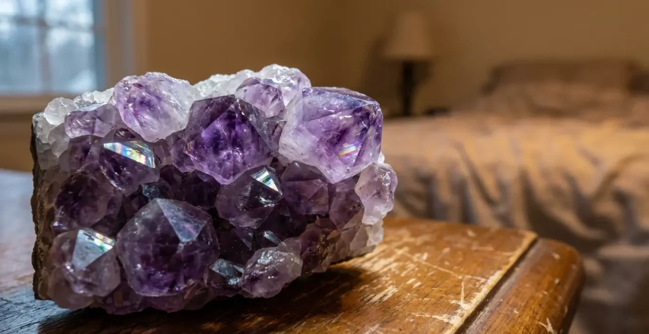 Primo piano di un'ametista viola su un comodino in legno con luce soffusa della luna