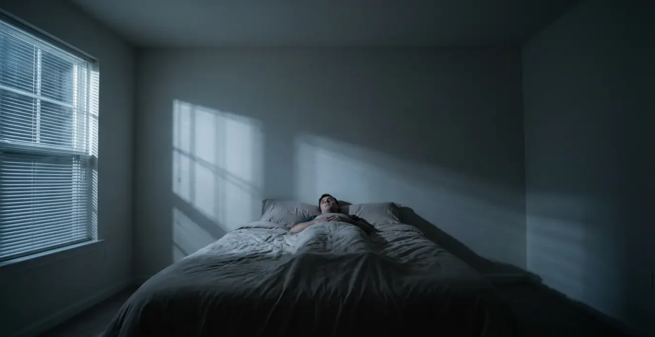 Vista dall'alto di una persona a letto con espressione pensierosa, circondata da ombre suggestive