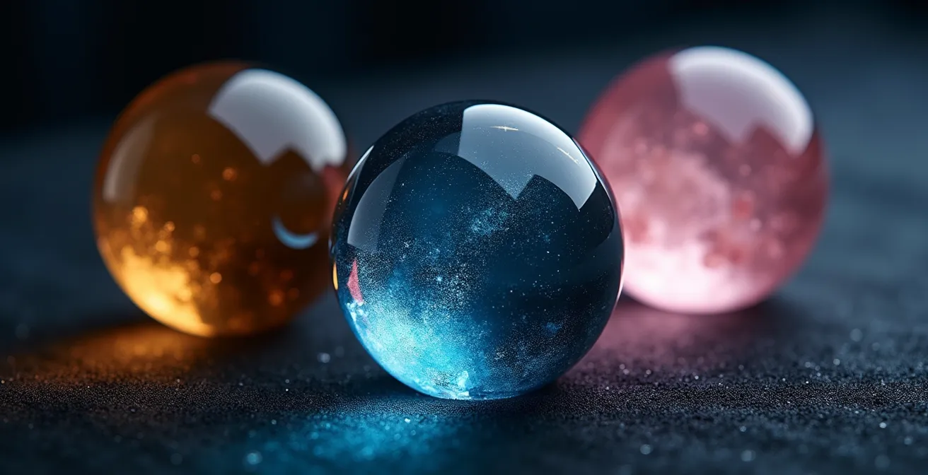 Composizione astratta con tre sfere di cristallo che riflettono luci colorate rappresentando i numeri angelici