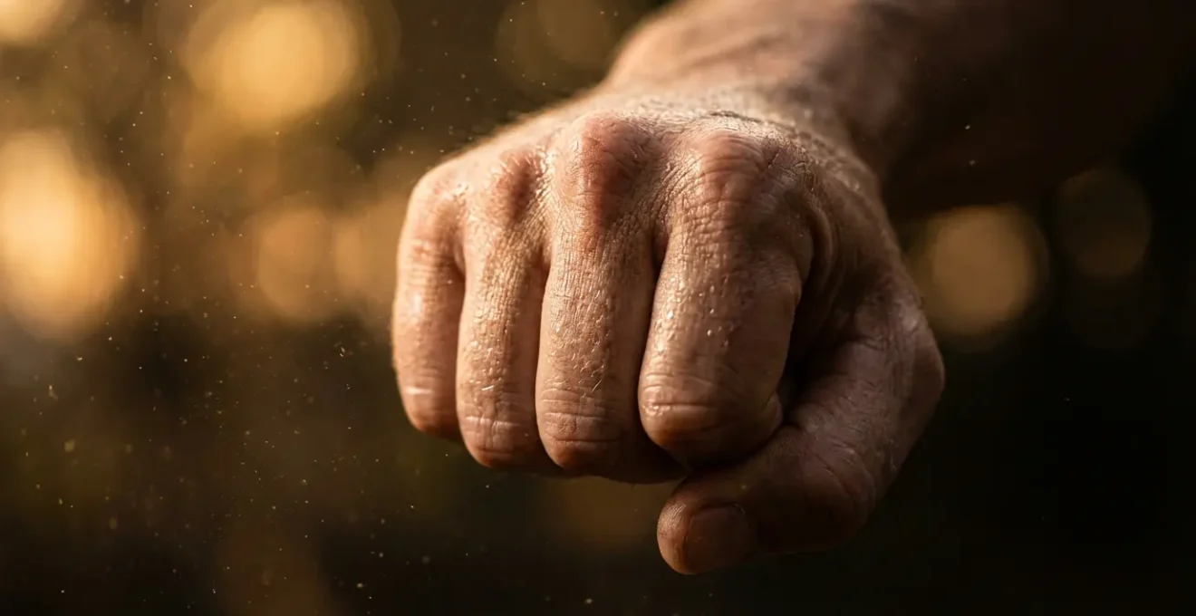 Atleta in posizione di power stance con elementi naturali energetici