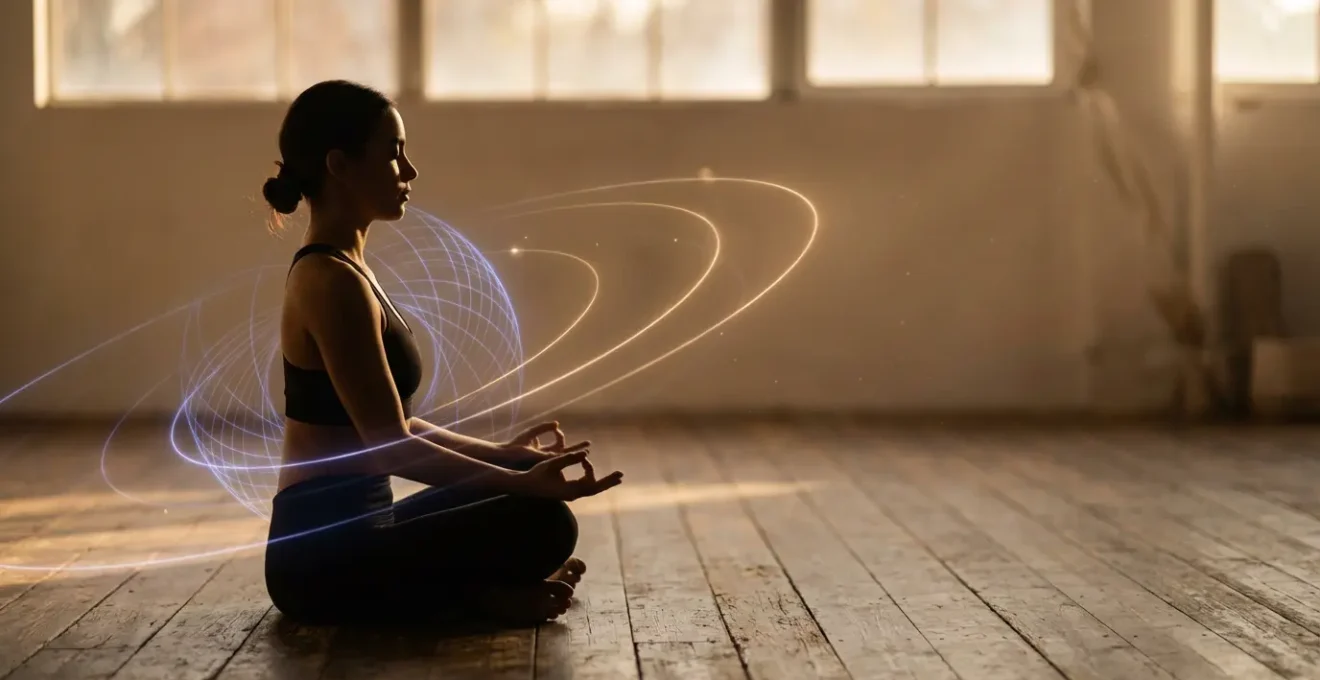Atleta in meditazione con aura energetica luminosa e simboli planetari sottili