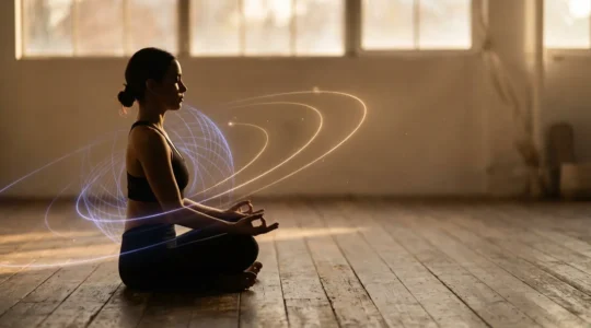 Atleta in meditazione con aura energetica luminosa e simboli planetari sottili