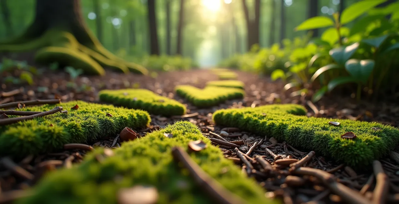 Bivio di sentieri nel bosco con raggi di luce che illuminano diverse direzioni