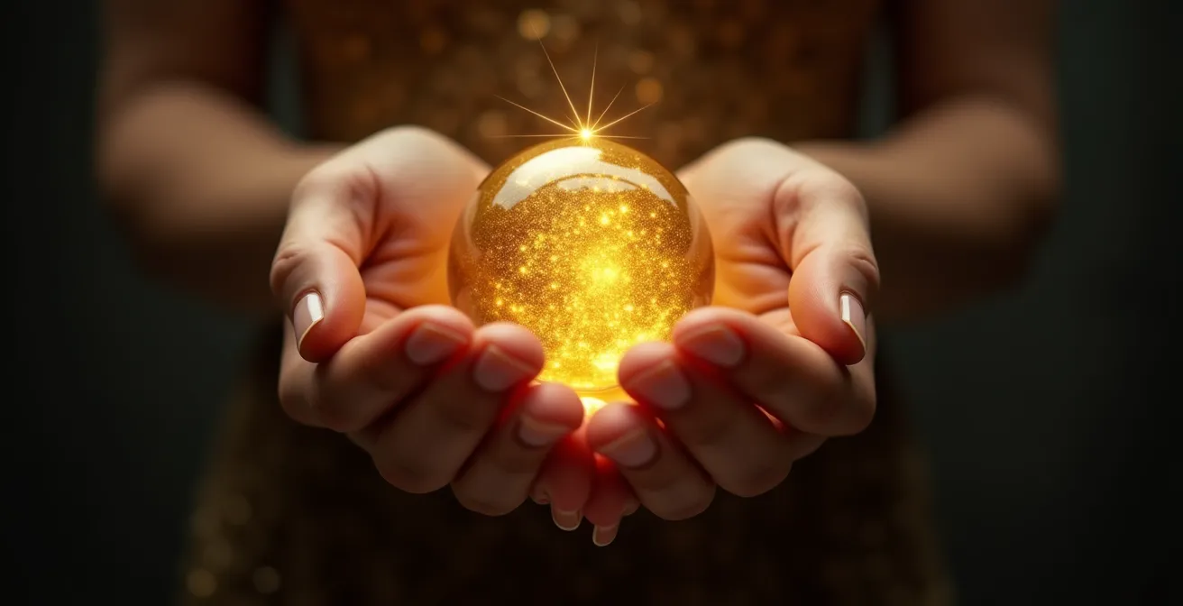 Mani che tengono delicatamente una sfera luminosa con riflessi dorati rappresentante il Sole astrologico