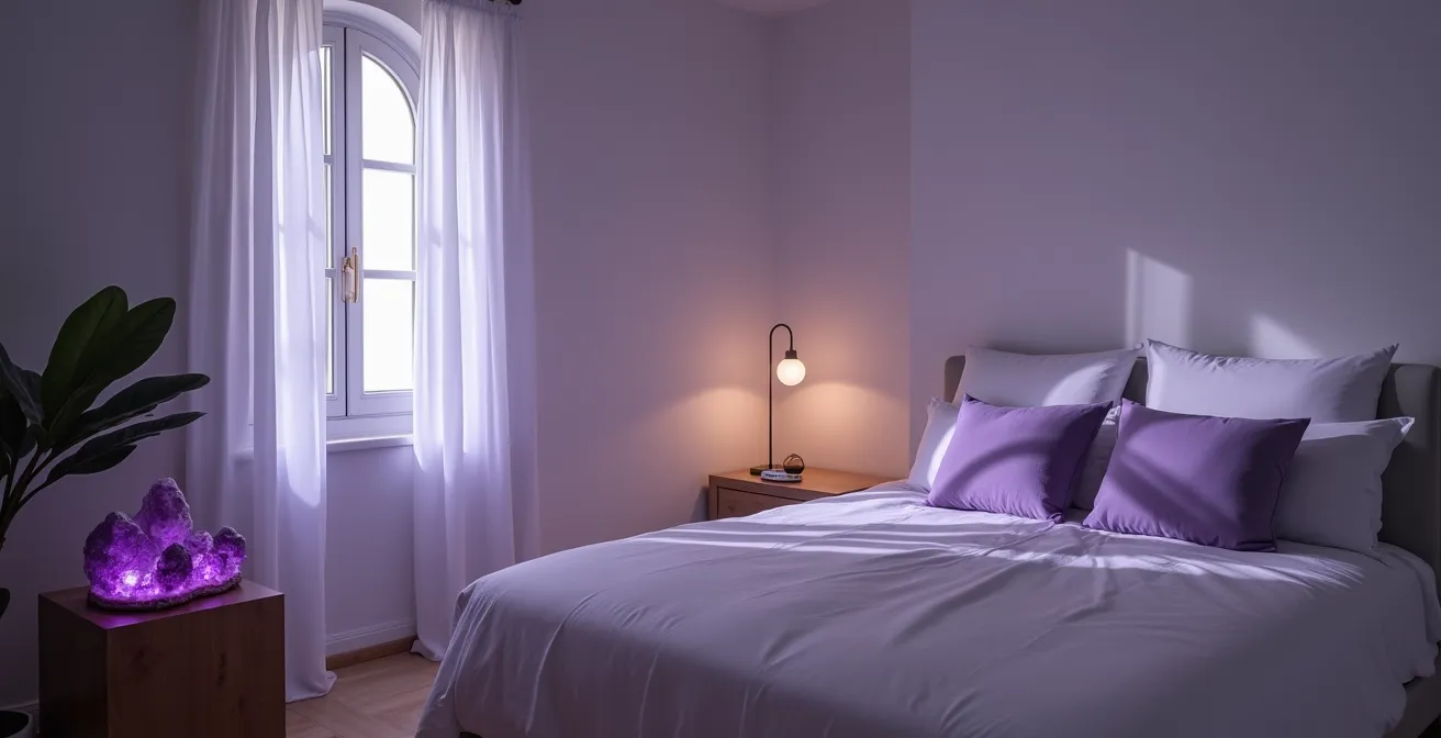 Camera da letto minimalista italiana con luce lunare che illumina cristalli viola sul comodino