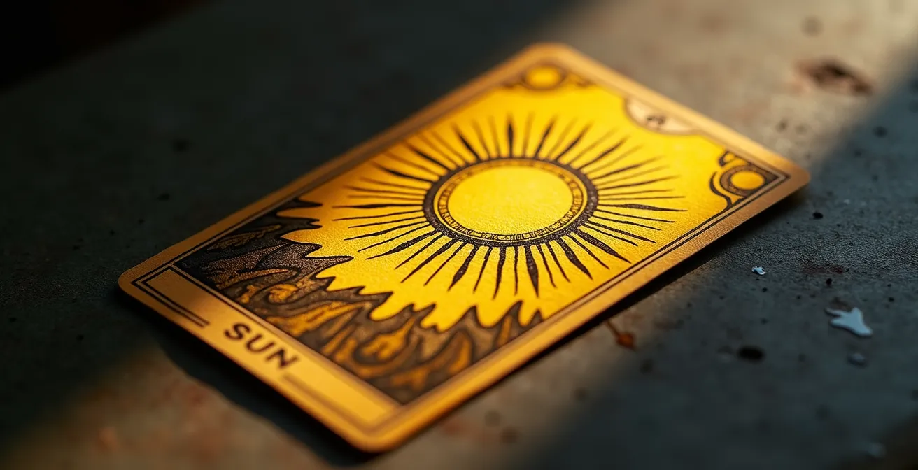 Carta del Sole dei tarocchi con ombre proiettate che creano un contrasto drammatico