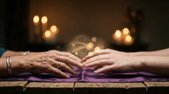 Primo piano di mani sfioranti con energia luminosa visibile tra i palmi durante un consulto di cartomanzia