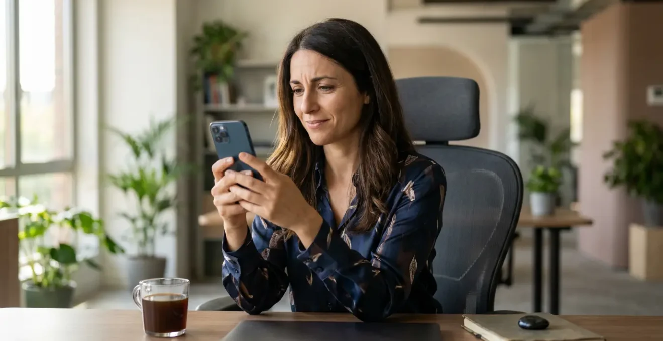 Donna in ufficio durante consulto di cartomanzia online su smartphone