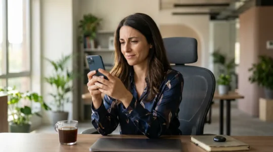 Donna in ufficio durante consulto di cartomanzia online su smartphone