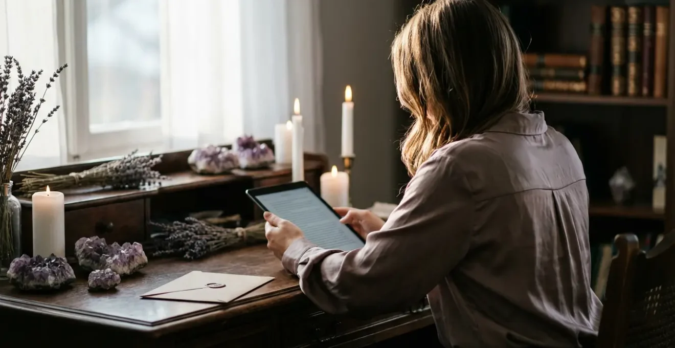 Donna contemplativa legge attentamente su tablet in ambiente sereno con candele e cristalli