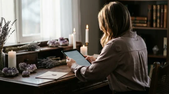 Donna contemplativa legge attentamente su tablet in ambiente sereno con candele e cristalli