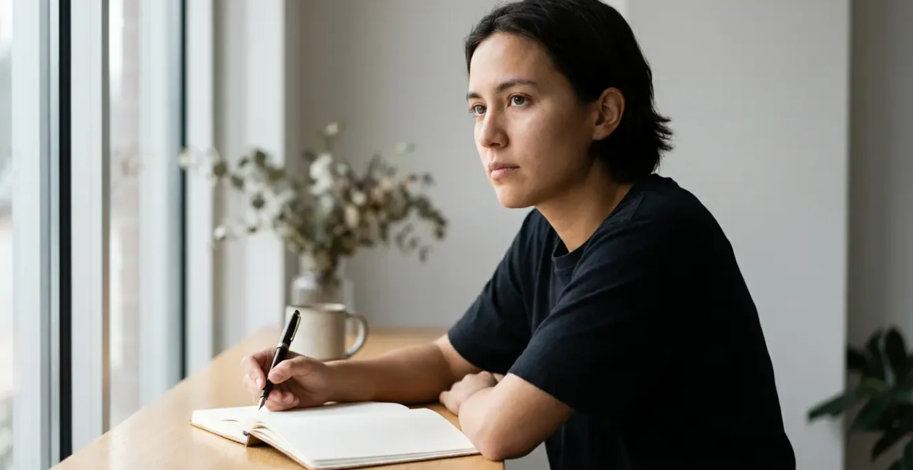 Persona che riflette mentre prepara domande precise con quaderno e penna in ambiente sereno