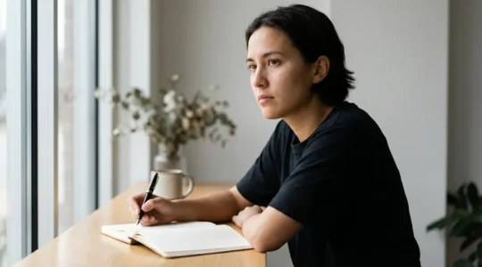 Persona che riflette mentre prepara domande precise con quaderno e penna in ambiente sereno