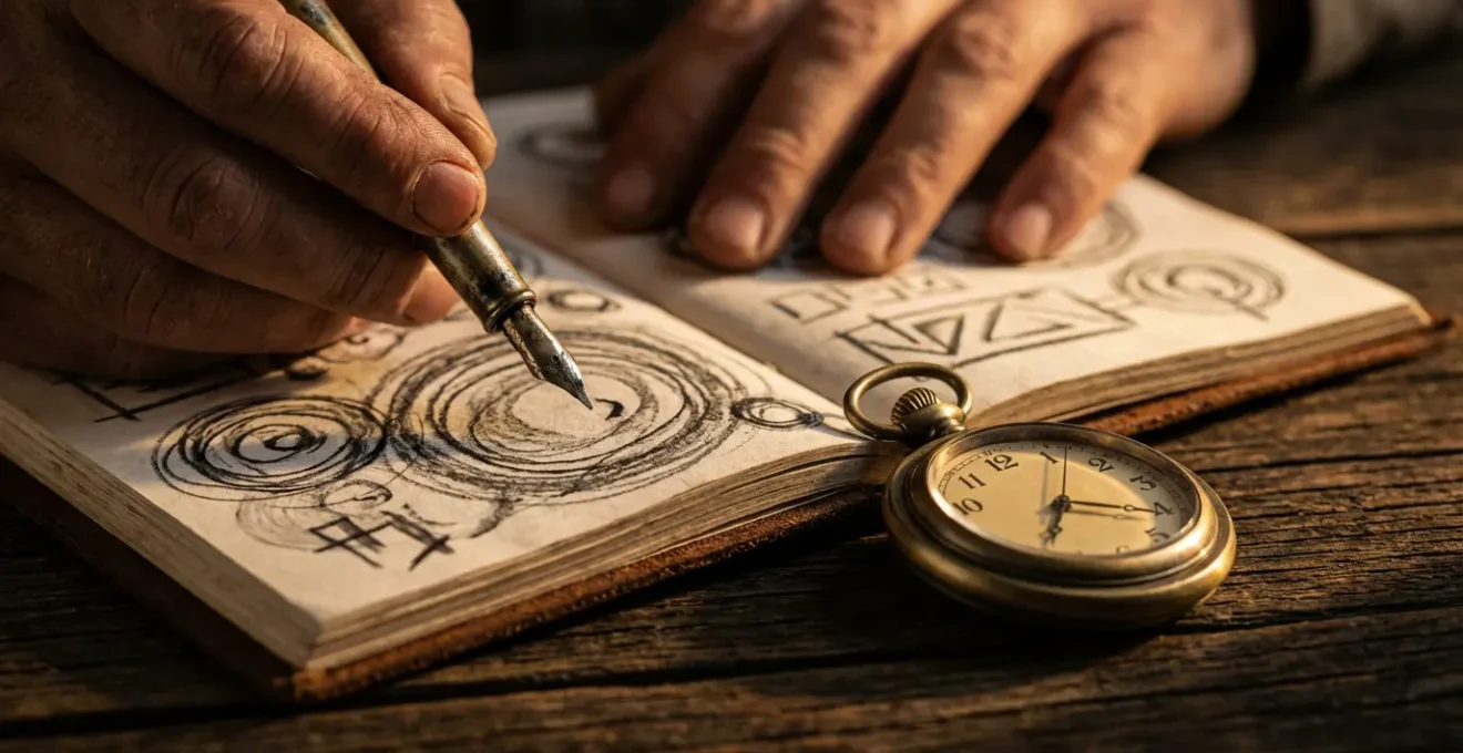 Mani che preparano appunti con orologio da taschino vintage