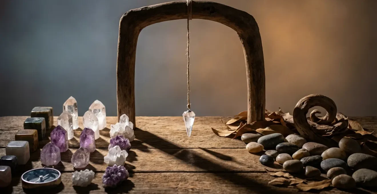 Composizione simbolica con cervello e cuore rappresentati attraverso oggetti naturali e un pendolo al centro