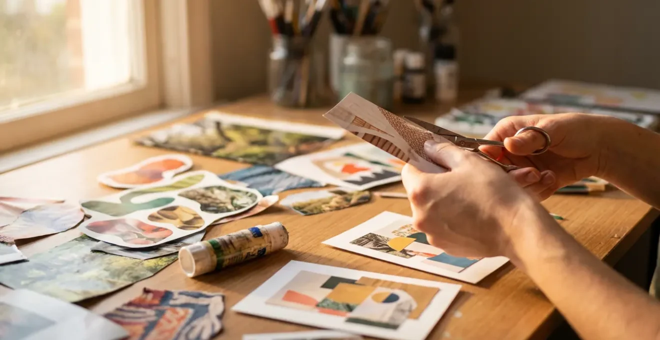 Tavolo creativo con ritagli di riviste, forbici e carte oracolo fatte a mano in lavorazione