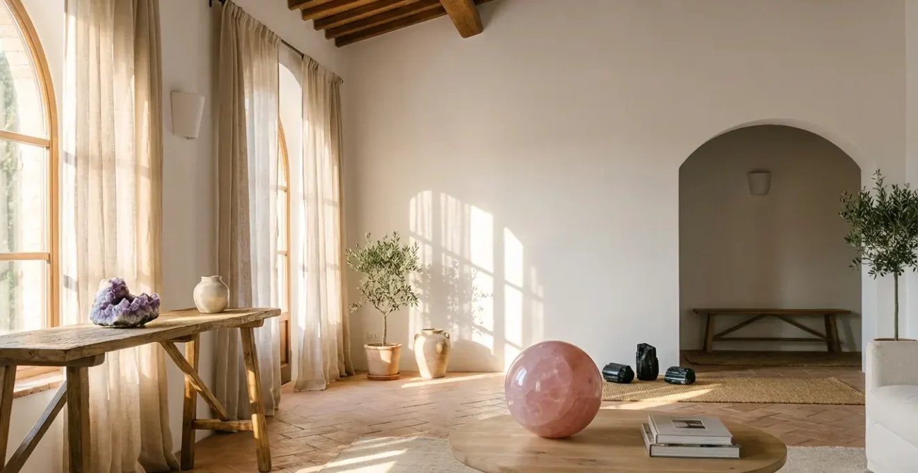 Interno luminoso con cristalli disposti strategicamente per creare armonia domestica