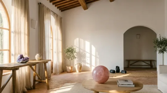 Interno luminoso con cristalli disposti strategicamente per creare armonia domestica