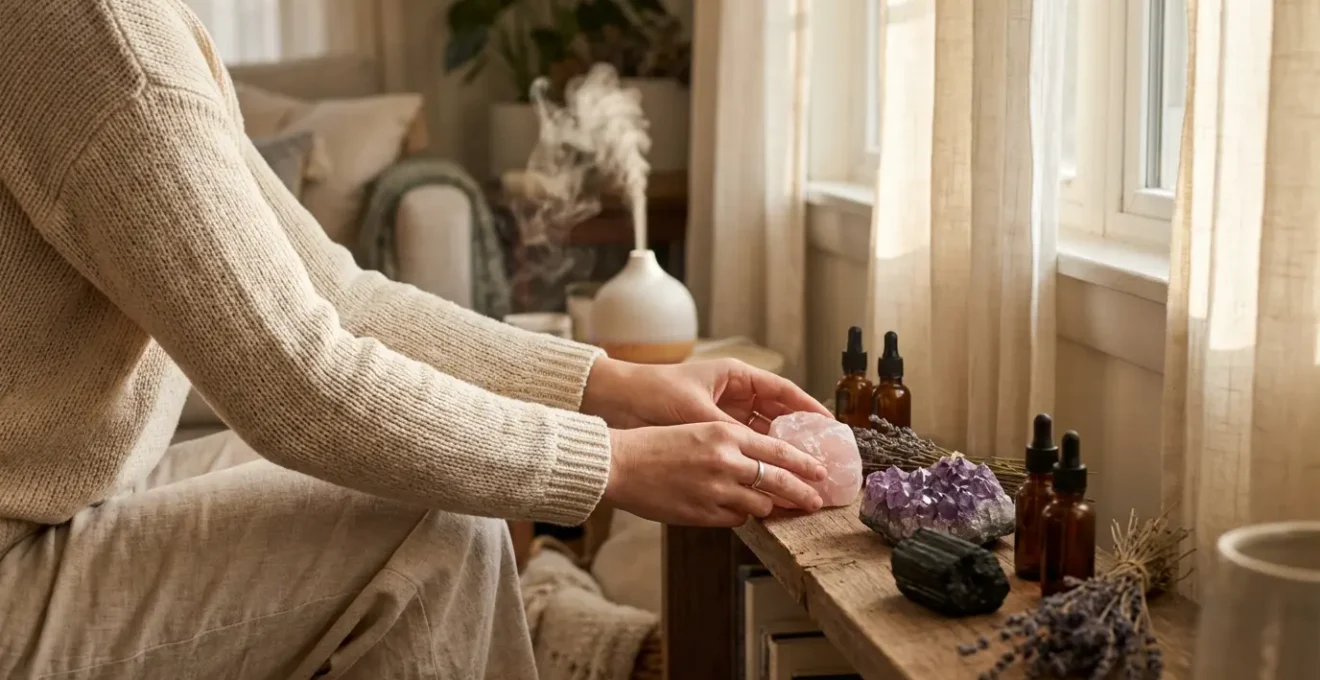 Composizione di cristalli e oli essenziali in uno spazio domestico armonioso