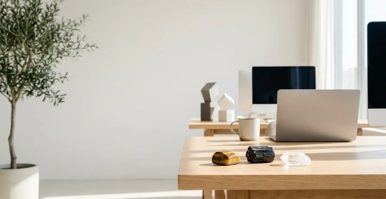 Cristalli protettivi disposti sulla scrivania di un ufficio moderno che creano un'atmosfera di protezione energetica