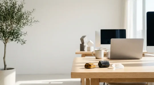 Cristalli protettivi disposti sulla scrivania di un ufficio moderno che creano un'atmosfera di protezione energetica