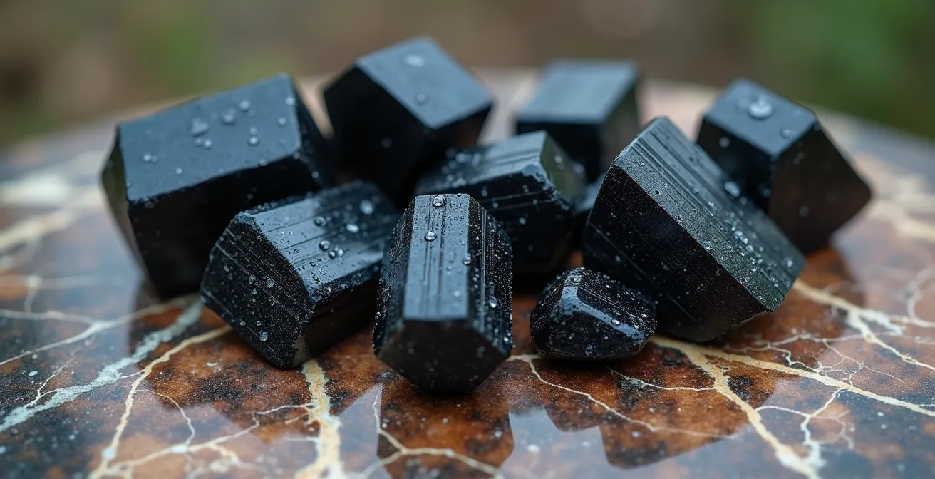 Composizione macro di cristalli di tormalina nera su soglia di marmo antico