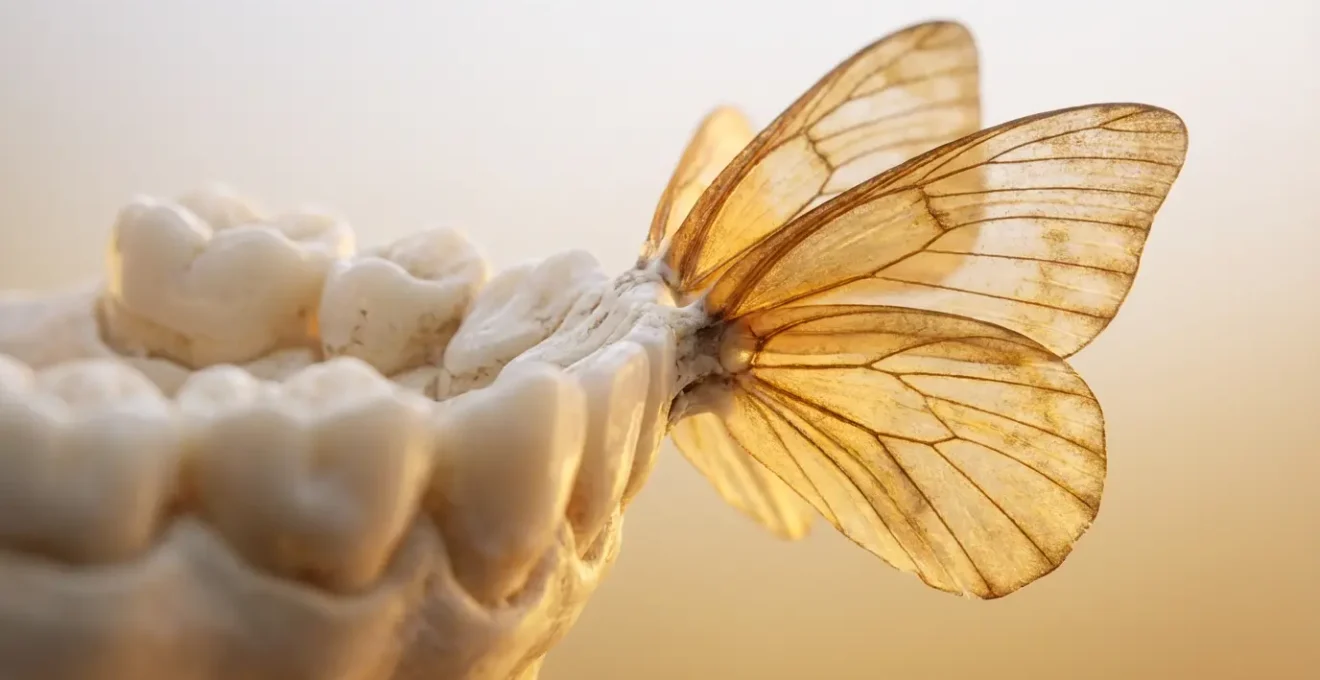 Mandibola stilizzata con denti che si trasformano in farfalle dorate
