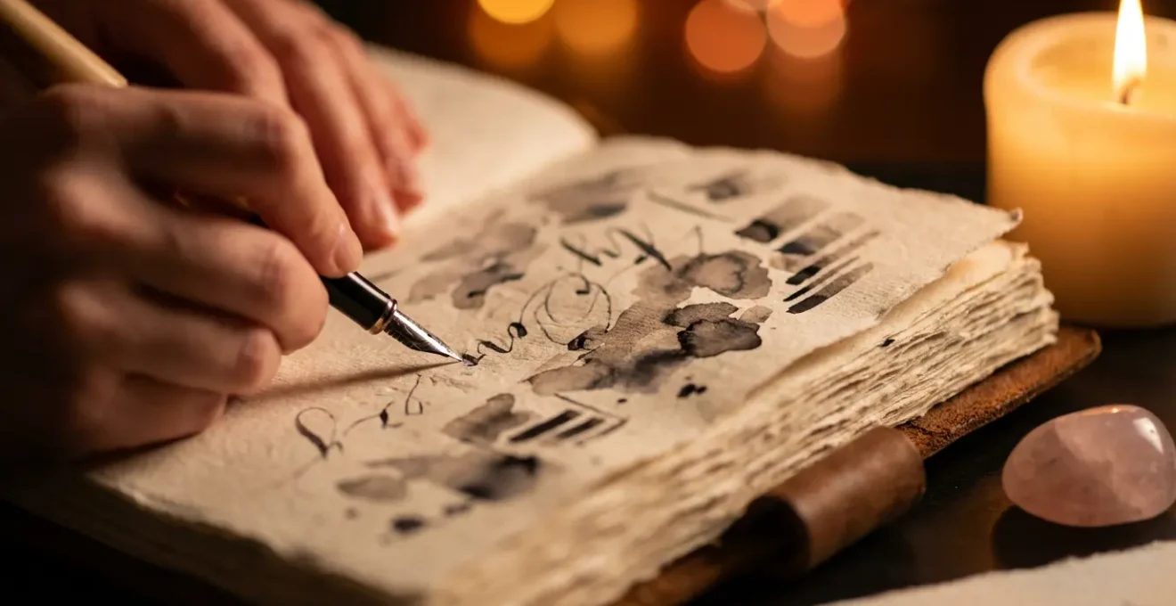 Primo piano di mani che scrivono in un diario con sfondo sfocato di candele