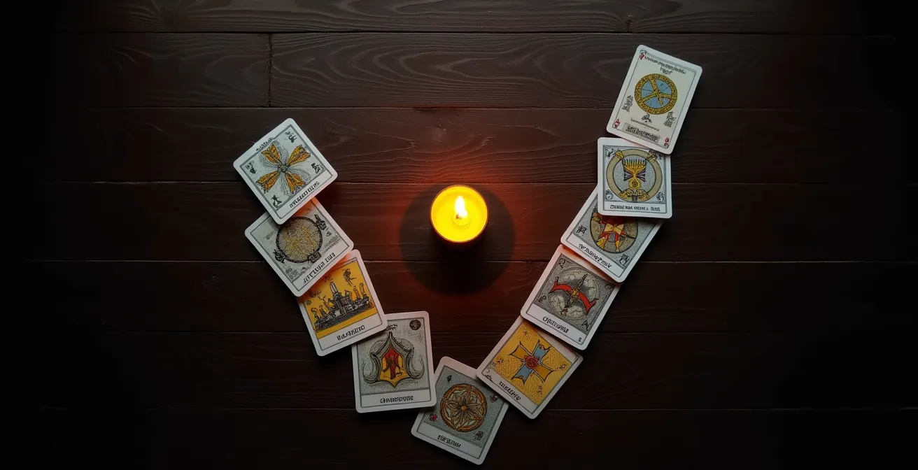 Disposizione delle carte dei tarocchi a forma di V su un tavolo di legno con candela