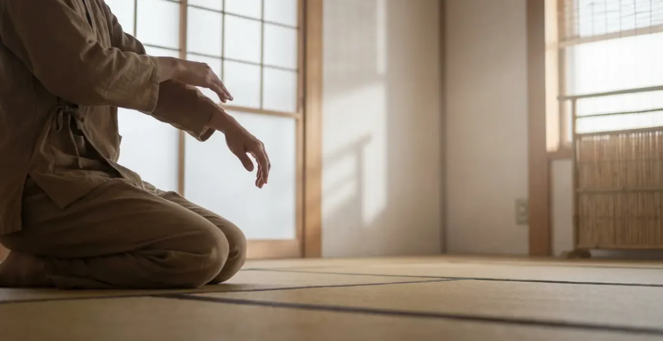 Persona al mattino che pratica il Do-In picchiettando delicatamente i meridiani delle braccia