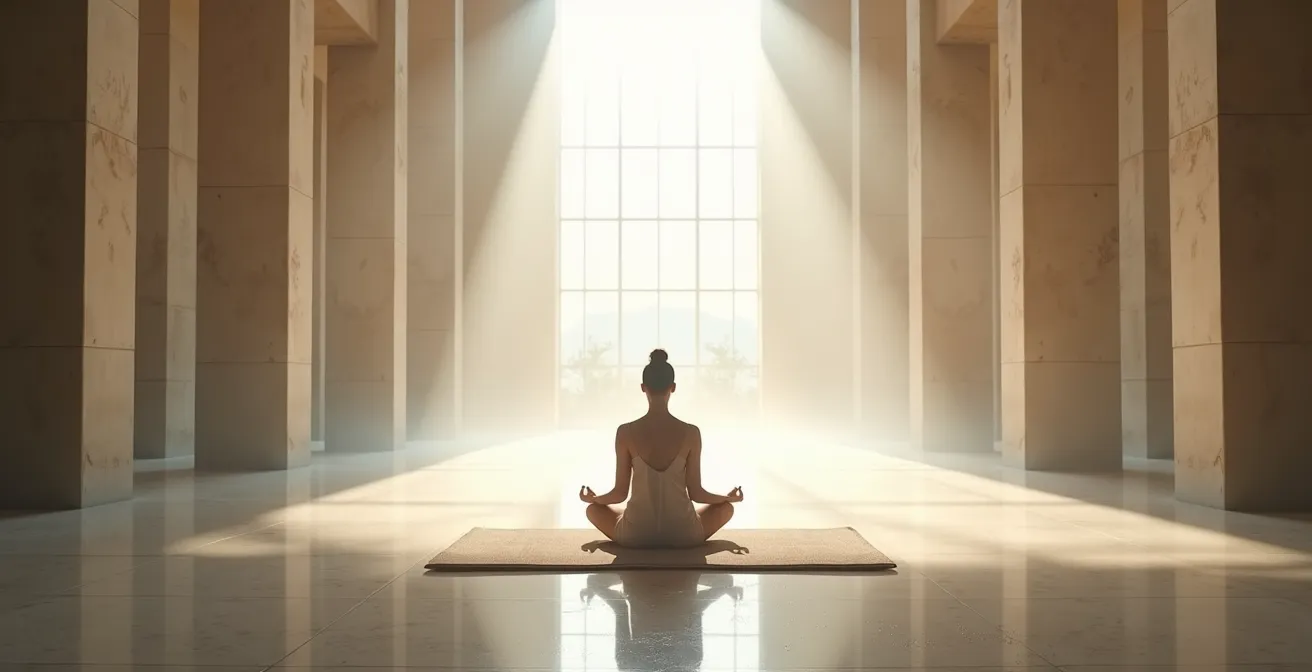 Rappresentazione della trasformazione interiore nella dodicesima casa, con una persona in meditazione in uno spazio ampio e luminoso.