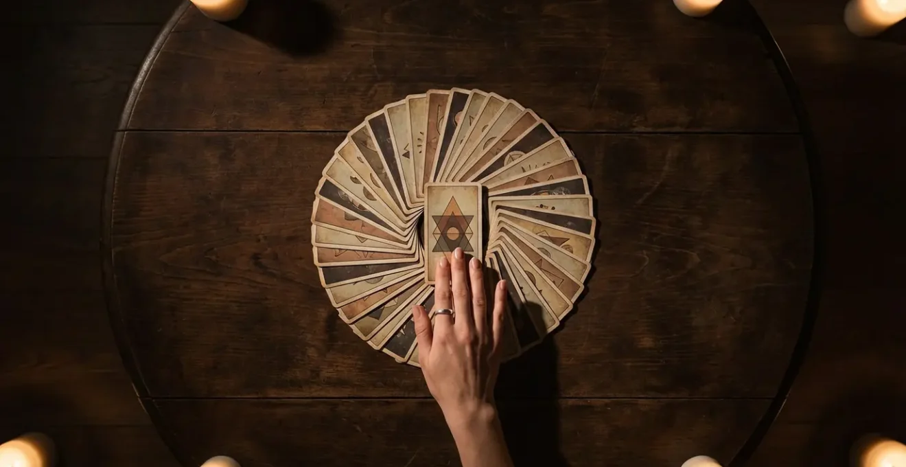 Vista dall'alto di carte dei tarocchi disposte a ventaglio su tavolo scuro con mani che sfiorano una carta centrale