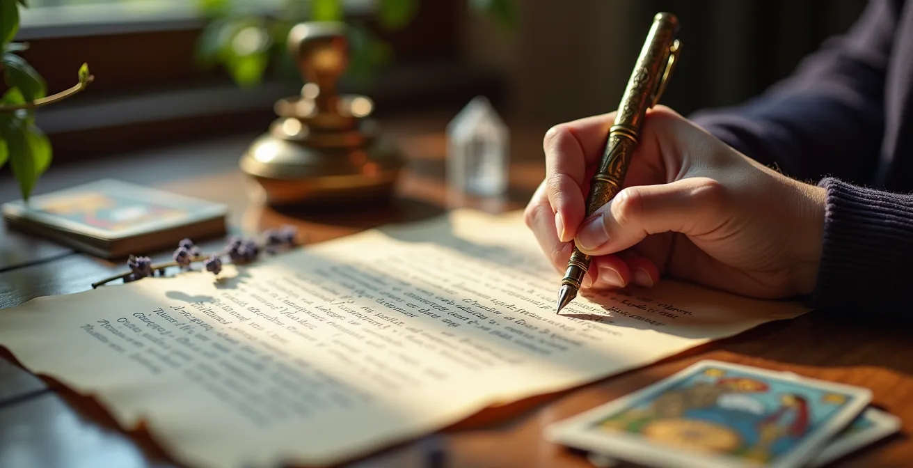 Mano che scrive domande riflessive accanto a carte dei tarocchi disposte sul tavolo