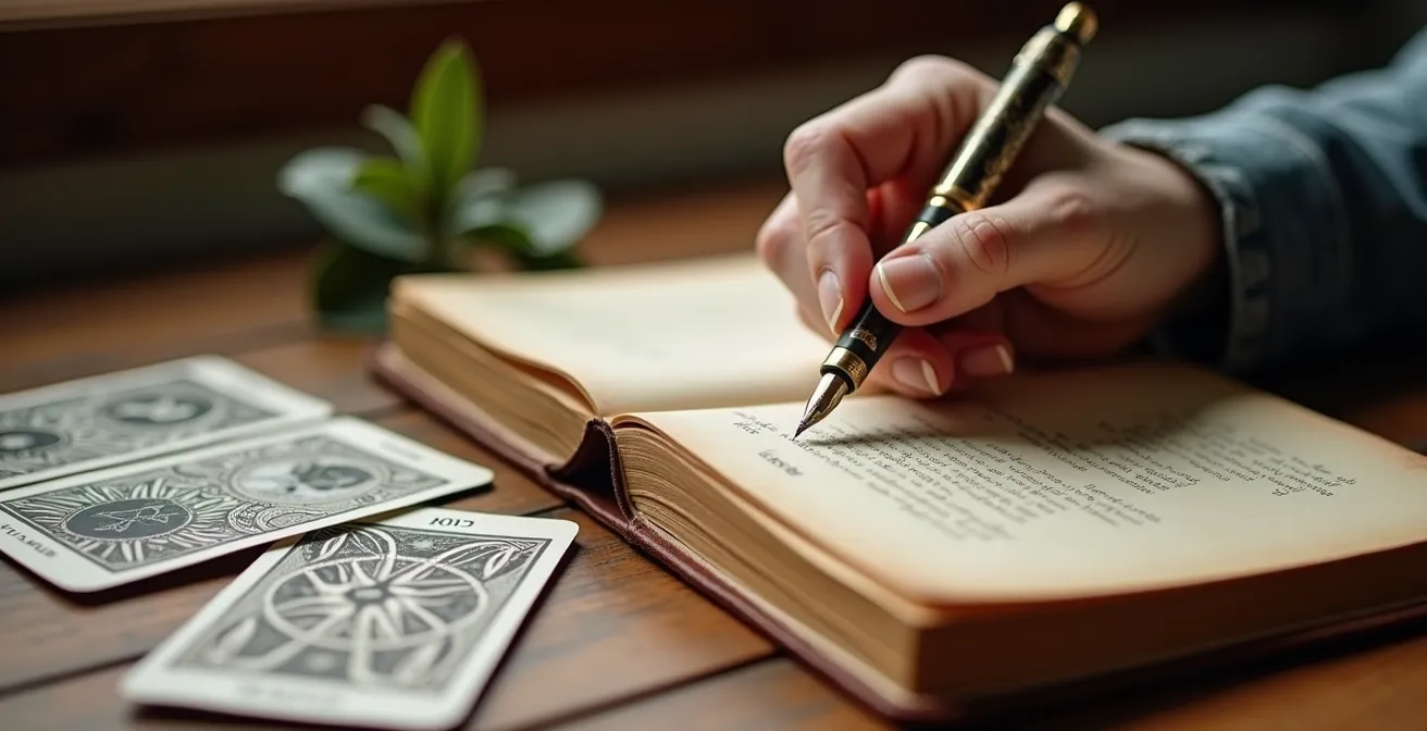 Primo piano di una mano che scrive domande su un diario accanto a carte disposte