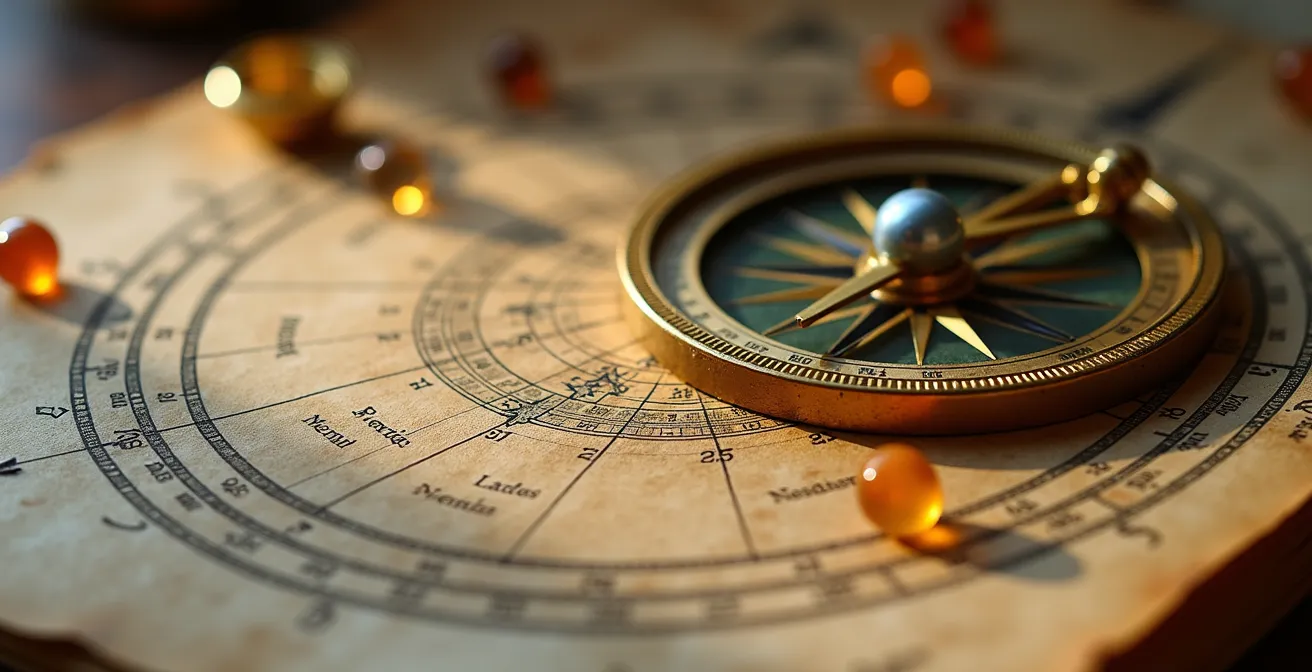 Vista macro di una tabella di effemeridi astrologiche con dettagli dorati