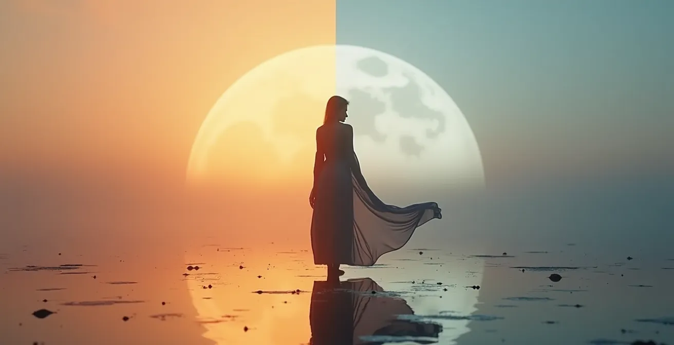 Figura umana in equilibrio tra due forze cosmiche contrastanti ma armoniose