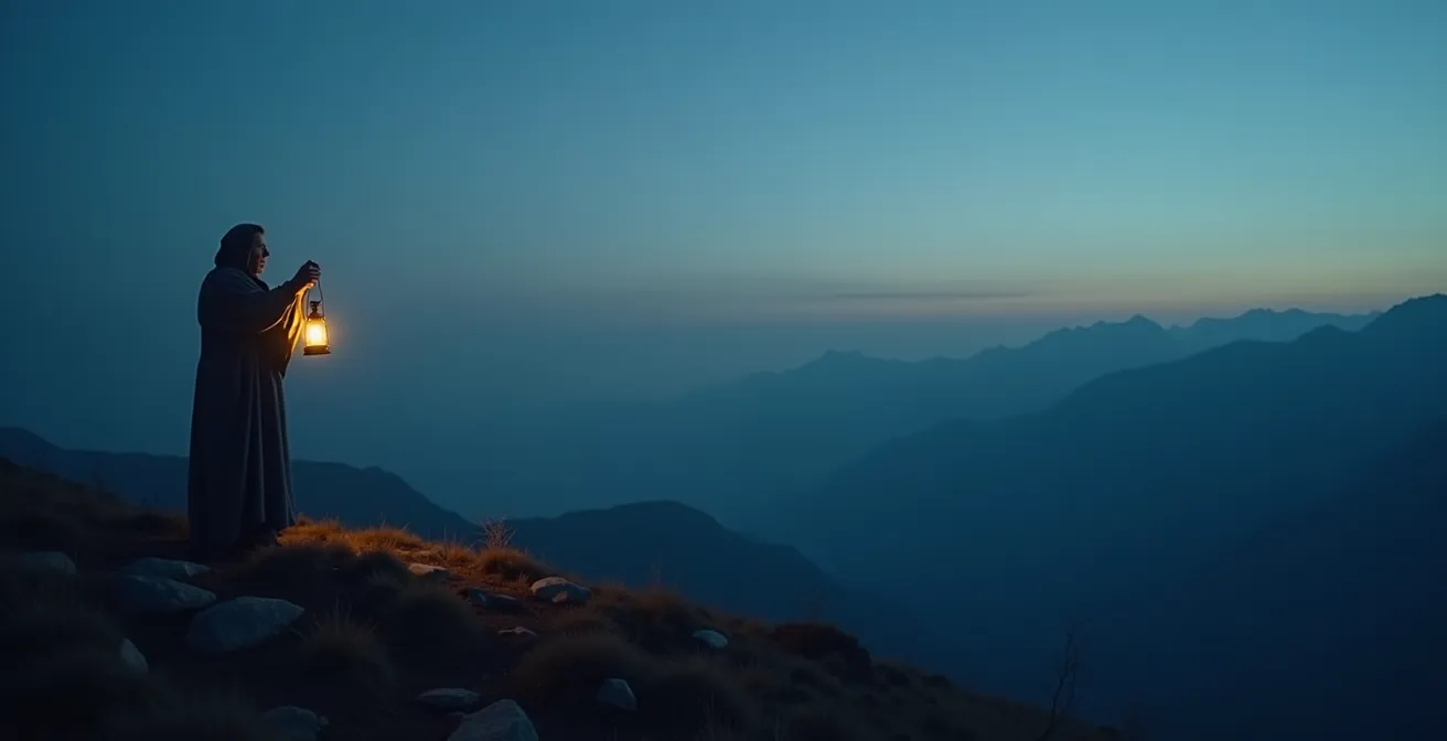 L'Eremita in meditazione sulla montagna con la lanterna