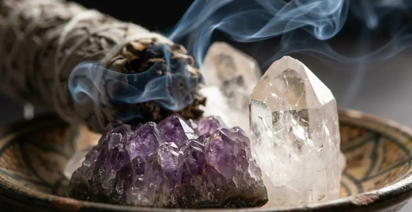 Dettaglio macro di fumo di salvia che avvolge cristalli di ametista e quarzo
