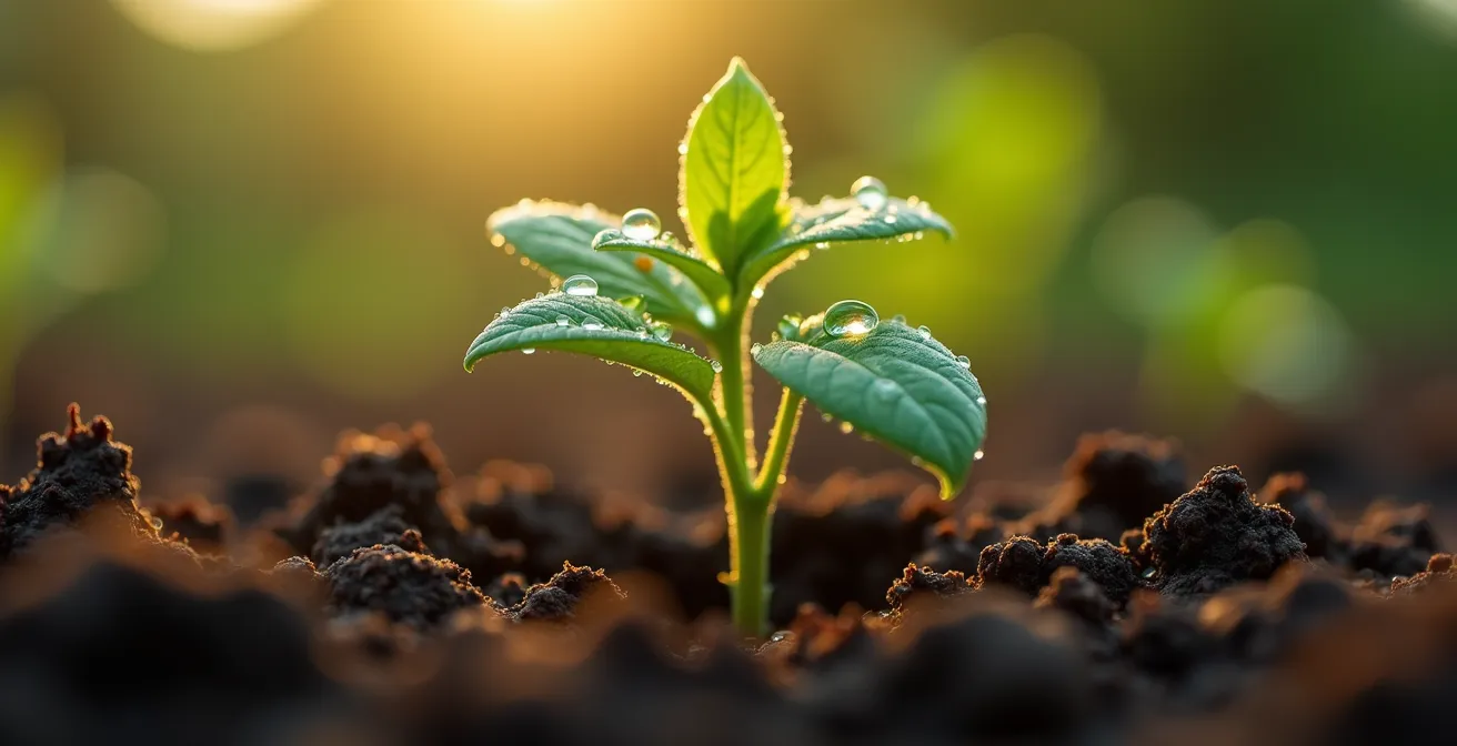 Primo piano di un giovane germoglio verde che emerge dalla terra scura con gocce di rugiada
