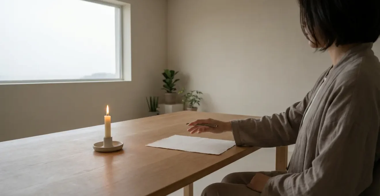 Una persona scrive intenzionalmente su un foglio di carta vicino a una candela accesa, in un ambiente meditativo e sereno.