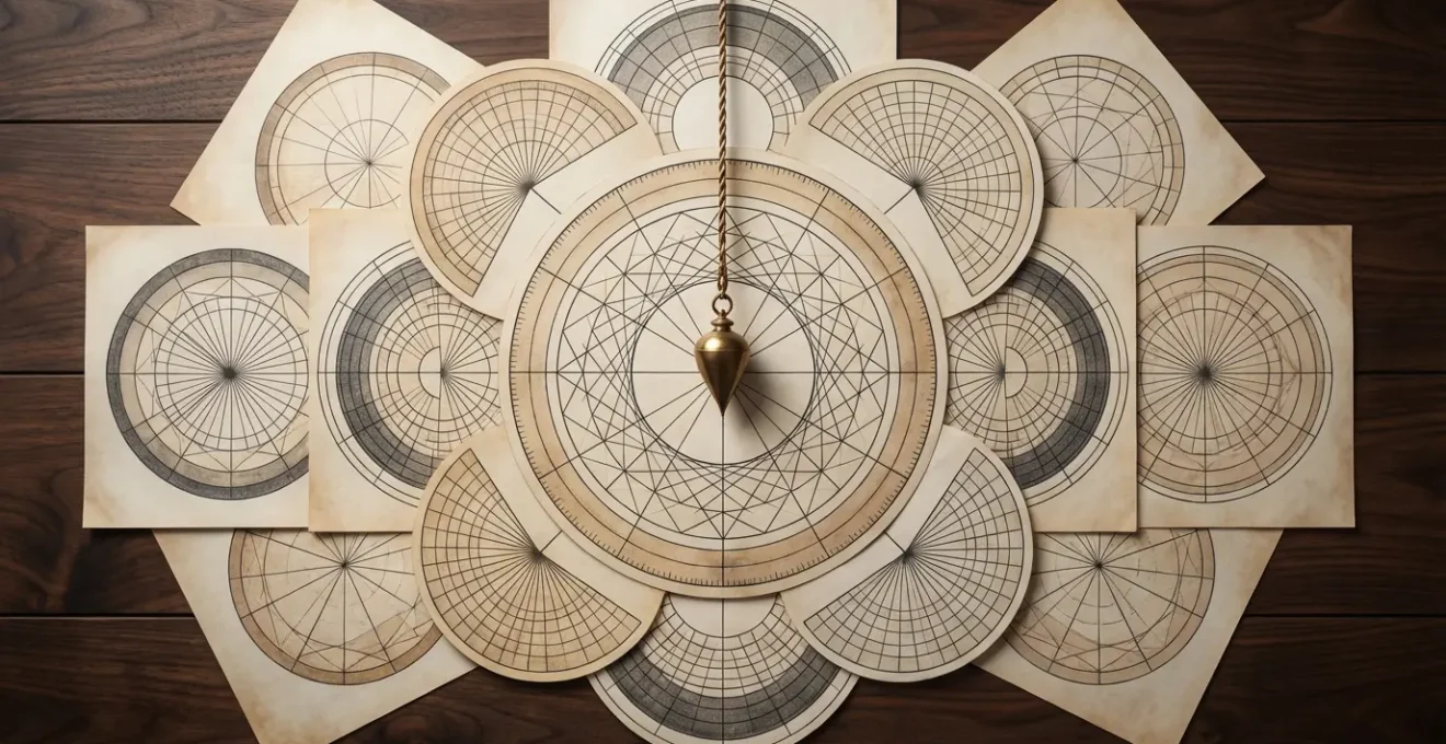 Vista dall'alto di quadranti circolari per radiestesia con un pendolo sospeso al centro