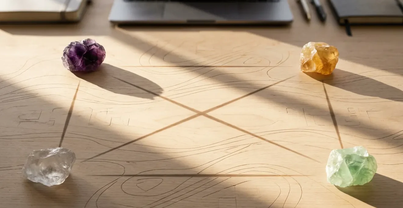 Quattro fluoriti colorate posizionate agli angoli di una scrivania creando un campo energetico di concentrazione