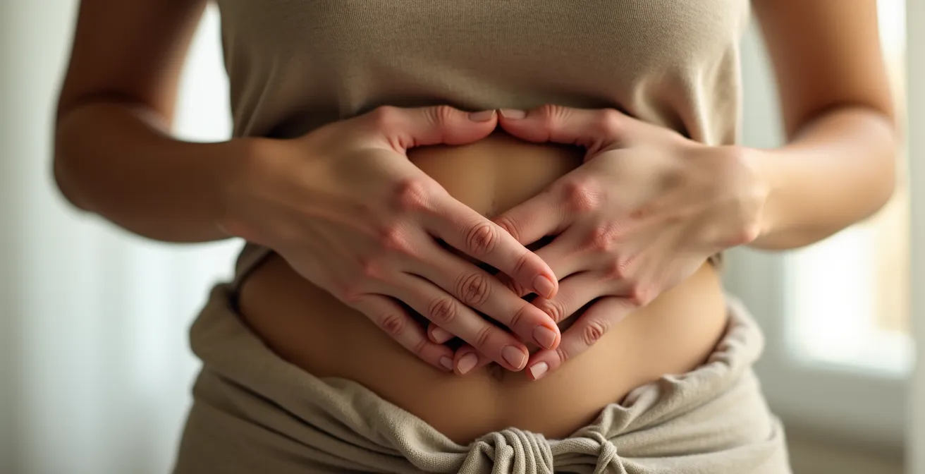 Mani appoggiate delicatamente sull'addome in gesto di ascolto interiore con luce dorata