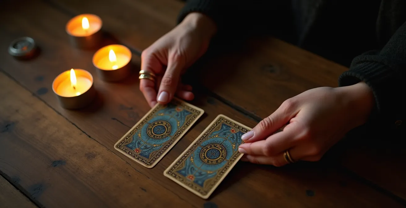 Mani esperte che maneggiano carte dei tarocchi in penombra con candele sfocate