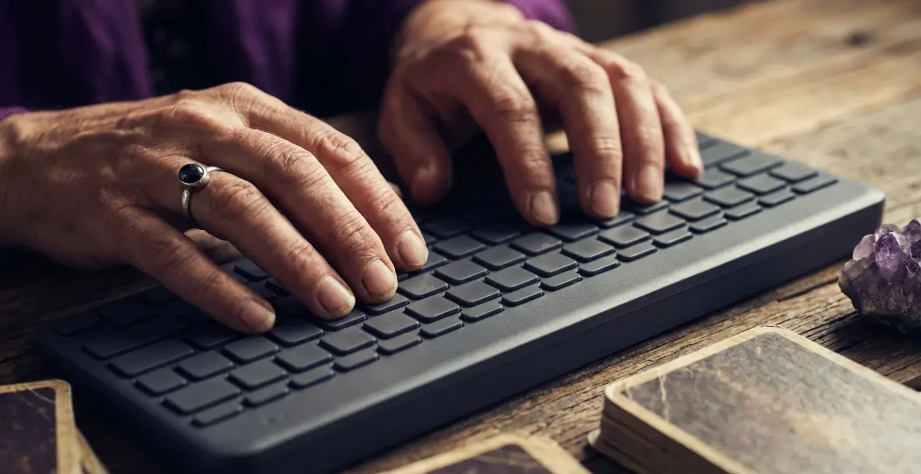 Mani di cartomante che digita su tastiera con carte dei tarocchi disposte accanto