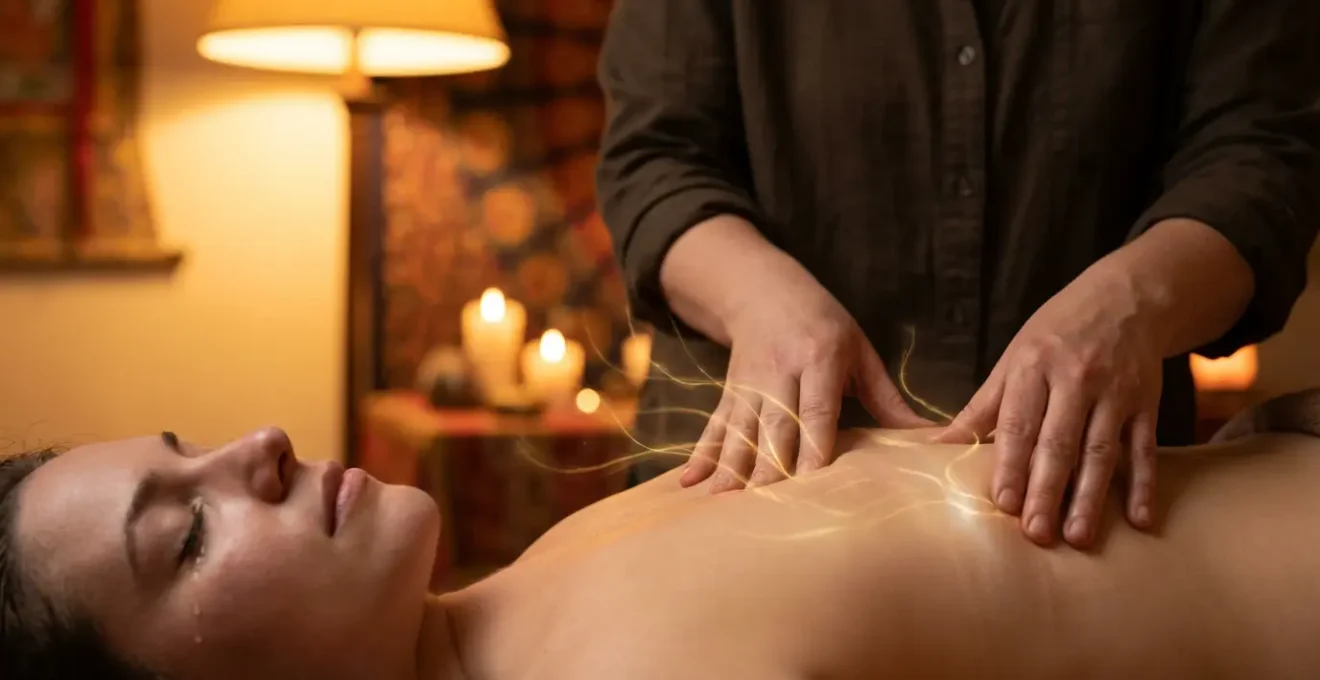 Mani che eseguono un massaggio profondo sui muscoli della schiena con energia dorata visibile