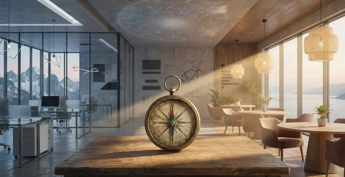 Rappresentazione simbolica del Medio Cielo astrologico con elementi del Capricorno e Cancro per la guida professionale