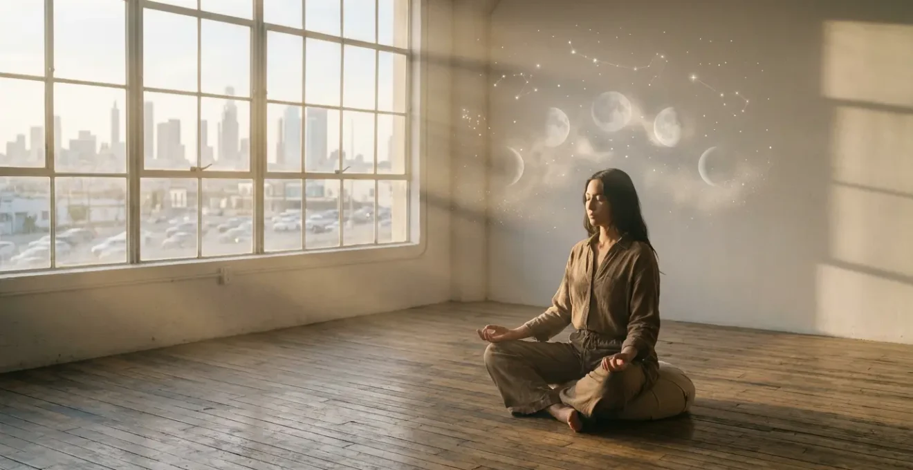 Persona in meditazione sotto un cielo stellato con fasi lunari visibili