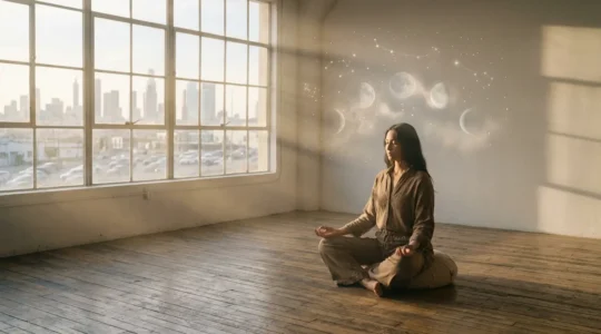 Persona in meditazione sotto un cielo stellato con fasi lunari visibili