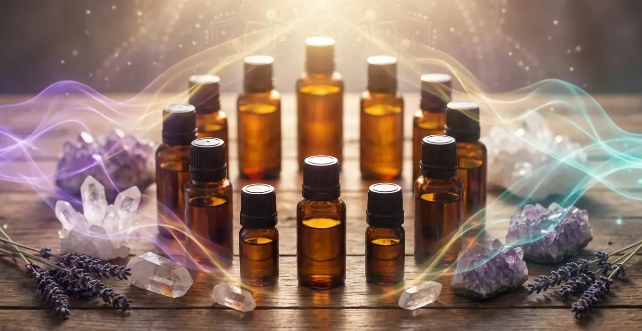 Composizione artistica di boccette di oli essenziali circondate da aura energetica luminosa